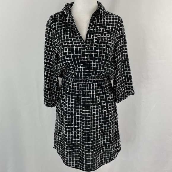 Topshop Grid Print Roll Tab Sleeve Button Front Mini Dress Black White Size 2 - Picture 3 of 16